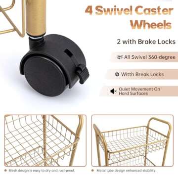 MNOPQ 3 Tier Mesh Rolling Utility Cart, Gold Metal Organization Cart with Lockable Wheels, Multifunctional Storage Trolley Service Cart for Kitchen Living Room Office Salon