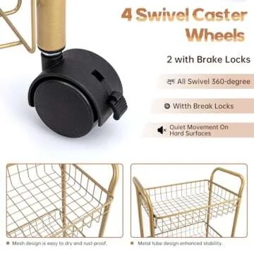 MNOPQ 3 Tier Mesh Rolling Utility Cart, Gold Metal Organization Cart with Lockable Wheels, Multifunctional Storage Trolley Service Cart for Kitchen Living Room Office Salon