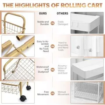 MNOPQ 3 Tier Mesh Rolling Utility Cart, Gold Metal Organization Cart with Lockable Wheels, Multifunctional Storage Trolley Service Cart for Kitchen Living Room Office Salon