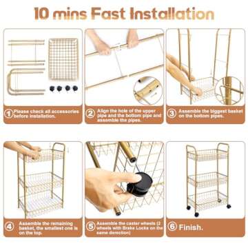 MNOPQ 3 Tier Mesh Rolling Utility Cart, Gold Metal Organization Cart with Lockable Wheels, Multifunctional Storage Trolley Service Cart for Kitchen Living Room Office Salon