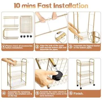 MNOPQ 3 Tier Mesh Rolling Utility Cart, Gold Metal Organization Cart with Lockable Wheels, Multifunctional Storage Trolley Service Cart for Kitchen Living Room Office Salon