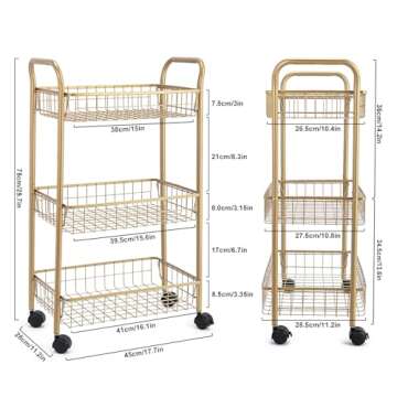 MNOPQ 3 Tier Mesh Rolling Utility Cart, Gold Metal Organization Cart with Lockable Wheels, Multifunctional Storage Trolley Service Cart for Kitchen Living Room Office Salon