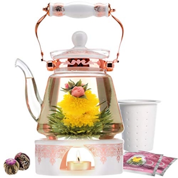 Teabloom Buckingham Palace Teapot & Flowering Tea Gift Set (6 Pieces) - Stovetop Safe Glass Teapot (...