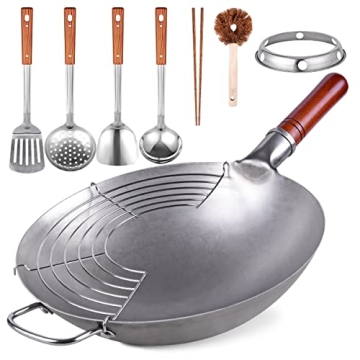 Teewe Carbon Steel Wok - 13.4" Traditional Hand Hammered Wok Set with 8 Accessories