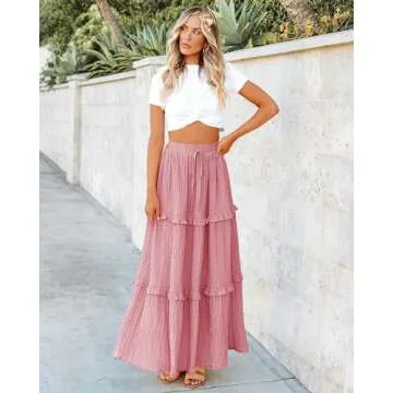 BTFBM Women's Long Summer Skirt 2025 Elegant High Waist Cocktail Party Wedding Guest Dress Flared A-Line Midi Skirts(Solid Pink,Small)