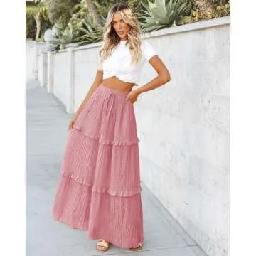 BTFBM Women's Long Summer Skirt 2025 Elegant High Waist Cocktail Party Wedding Guest Dress Flared A-Line Midi Skirts(Solid Pink,Small)