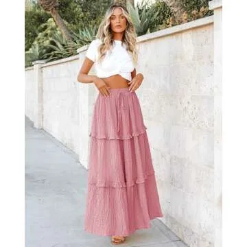 BTFBM Women's Long Summer Skirt 2025 Elegant High Waist Cocktail Party Wedding Guest Dress Flared A-Line Midi Skirts(Solid Pink,Small)