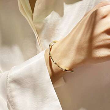 PERNNLA PEARL Bamboo Love Cuff Bangle Bracelet for Women Dainty 18K Gold Open Arm Cuff Oval Bracelet...