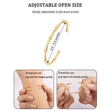 PERNNLA PEARL Bamboo Love Cuff Bangle Bracelet for Women Dainty 18K Gold Open Arm Cuff Oval Bracelets Simple Thin Gold Adjustable Bracelets