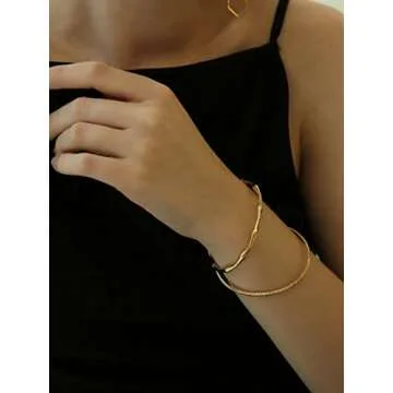 PERNNLA PEARL Bamboo Love Cuff Bangle Bracelet for Women Dainty 18K Gold Open Arm Cuff Oval Bracelets Simple Thin Gold Adjustable Bracelets