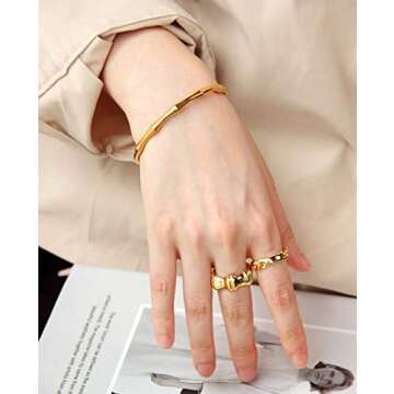 PERNNLA PEARL Bamboo Love Cuff Bangle Bracelet for Women Dainty 18K Gold Open Arm Cuff Oval Bracelets Simple Thin Gold Adjustable Bracelets