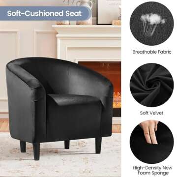 Yaheetech Barrel Chair, Modern Accent Chair Comfy Velvet Armchair Club Sofa Chair Vanity Chair for Living Room Bedroom Office Small Space, Black