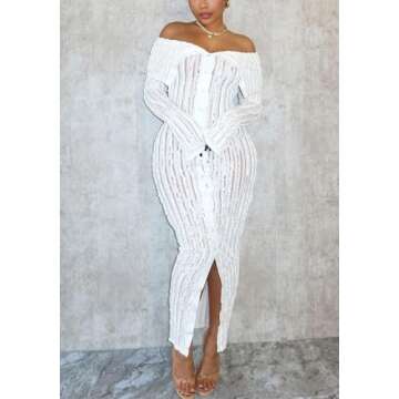 NRTHYE Women Sexy Off Shoulder Ruffles Dress Single Breasted Elegant Skinny Long Sleeve Bodycon Maxi Dress