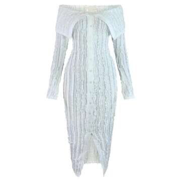 NRTHYE Women Sexy Off Shoulder Ruffles Dress Single Breasted Elegant Skinny Long Sleeve Bodycon Maxi Dress