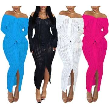 NRTHYE Women Sexy Off Shoulder Ruffles Dress Single Breasted Elegant Skinny Long Sleeve Bodycon Maxi Dress