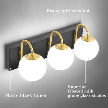 Mid Century Modern Bathroom Light Fixtures, Bathroom Vanity Lights 3-Light Black and Brass Gold Vani...