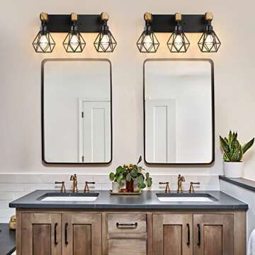 Farmhouse Bathroom Vanity Light Fixtures, 3-Light Wood Bathroom Light Fixtures Over Mirror, Rustic S...