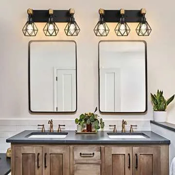 Farmhouse Bathroom Vanity Light Fixtures, 3-Light Wood Bathroom Light Fixtures Over Mirror, Rustic S...