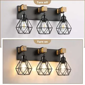 Farmhouse Bathroom Vanity Light Fixtures, 3-Light Wood Bathroom Light Fixtures Over Mirror, Rustic Sconces Wall Lighting with Elegant Metal Lampshade for Living Room, Bedroom, Hallway