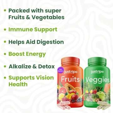 Just Ripe Nutrition Fruits and Veggies Supplement - 90 Fruit and 90 Vegetable Capsules - 100% Whole Natural Superfood - Filled with Vitamins and Minerals - Supports Energy Levels (1 Pack)