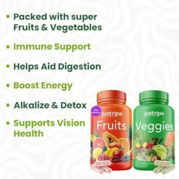Just Ripe Nutrition Fruits and Veggies Supplement - 90 Fruit and 90 Vegetable Capsules - 100% Whole Natural Superfood - Filled with Vitamins and Minerals - Supports Energy Levels (1 Pack)