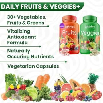 Just Ripe Nutrition Fruits and Veggies Supplement - 90 Fruit and 90 Vegetable Capsules - 100% Whole Natural Superfood - Filled with Vitamins and Minerals - Supports Energy Levels (1 Pack)
