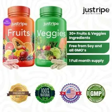 Just Ripe Nutrition Fruits and Veggies Supplement - 90 Fruit and 90 Vegetable Capsules - 100% Whole Natural Superfood - Filled with Vitamins and Minerals - Supports Energy Levels (1 Pack)