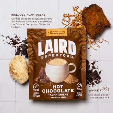Laird Superfood Functional Mushrooms Hot Chocolate, Organic Cacao Powder Blended with Nourishing Mushrooms, 8 oz. Bag, Pack of 1