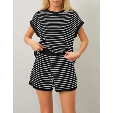 Burtell Women Summer 2 Piece Lounge Sets Striped Short Sleeve Tee Shirts Mini Shorts Loungewear Shor...