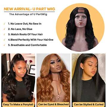 Tahikie U Part Human Hair Wig Body Wave 180% Density U Part Wig Brazilian Virgin Human Hair Wig for Black Women 10A Full Head Clip in Half Wig Glueless No Leave Out Lace Front Wig Natural Color 30inch