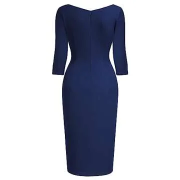 AISIZE Women's Retro Classy V-Neck Stretch Business Wrap Bodycon Dress Navy Blue