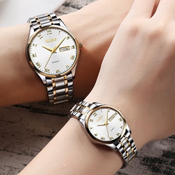 OLEVS Valentines Couples Pair Watches for Men and Women Lovers Romantic Wedding Gifts Set of 2,His and Hers Casual Dress Quartz Day Date Wrist Watch Waterproof Luminous with Stainless Steel Band White
