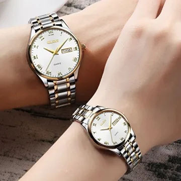 OLEVS Valentines Couples Pair Watches for Men and Women Lovers Romantic Wedding Gifts Set of 2,His and Hers Casual Dress Quartz Day Date Wrist Watch Waterproof Luminous with Stainless Steel Band White
