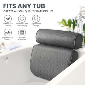LuxStep Bath Pillow Bathtub Pillow with 6 Non-Slip Suction Cups,14.6x12.6 Inch, Extra Thick and Soft Air Mesh Pillow for Bath - Fits All Bathtub, Grey