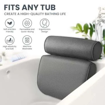 LuxStep Bath Pillow Bathtub Pillow with 6 Non-Slip Suction Cups,14.6x12.6 Inch, Extra Thick and Soft Air Mesh Pillow for Bath - Fits All Bathtub, Grey