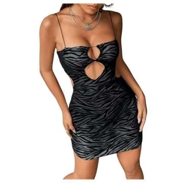 SOLY HUX Women's Sexy Cut Out Cami Dress Zebra Print Spaghetti Strap Bodycon Mini Club Dresses Black L