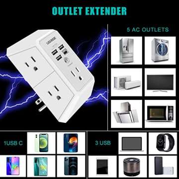 USB Wall Charger Surge Protector 5 Outlet Extender with 4 USB Charging Ports ( 1 USB C Outlet) 3 Sided 1800J Power Strip Multi Plug Outlets Wall Adapter Spaced for Home Travel Office ETL Listed