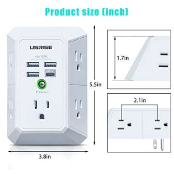 USB Wall Charger Surge Protector 5 Outlet Extender with 4 USB Charging Ports ( 1 USB C Outlet) 3 Sided 1800J Power Strip Multi Plug Outlets Wall Adapter Spaced for Home Travel Office ETL Listed