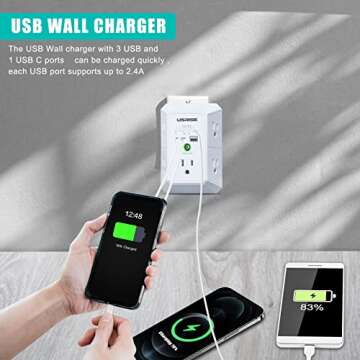 USB Wall Charger Surge Protector 5 Outlet Extender with 4 USB Charging Ports ( 1 USB C Outlet) 3 Sided 1800J Power Strip Multi Plug Outlets Wall Adapter Spaced for Home Travel Office ETL Listed