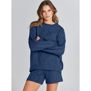 ANRABESS Women 2 Piece Outfits Sweater Lounge Loungewear Sets Fall Cable Knit Oversized Sweaters Short Pants Matching Sets