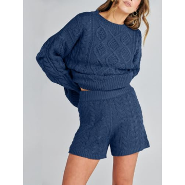 ANRABESS Women 2 Piece Outfits Sweater Lounge Loungewear Sets Fall Cable Knit Oversized Sweaters Short Pants Matching Sets