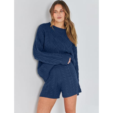 ANRABESS Women 2 Piece Outfits Sweater Lounge Loungewear Sets Fall Cable Knit Oversized Sweaters Short Pants Matching Sets