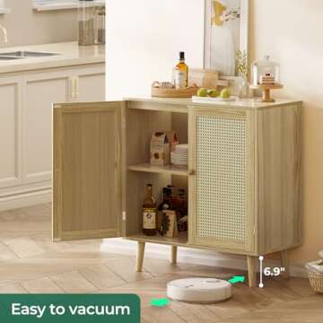 Huuger Buffet Cabinet with Storage, Storage Cabinet with PE Rattan Decor Doors, Accent Cabinet with Solid Wood Feet, Sideboard Cabinet for Hallway, Entry, Living Room, Natural