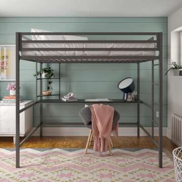 Novogratz Maxwell Metal Full Loft Bed with Desk & Shelves, Gray/Black