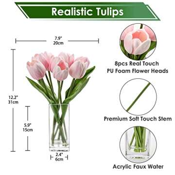 Briful Fake Flowers Artificial Tulip Flower Pink in Clear Vase, Real Touch Foam Tulip Arrangement Suitable for Home Office Decoration, Dining Table Centerpiece