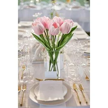 Briful Fake Flowers Artificial Tulip Flower Pink in Clear Vase, Real Touch Foam Tulip Arrangement Suitable for Home Office Decoration, Dining Table Centerpiece