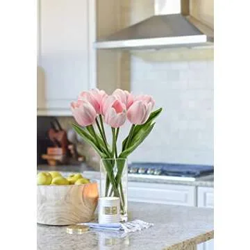 Briful Fake Flowers Artificial Tulip Flower Pink in Clear Vase, Real Touch Foam Tulip Arrangement Suitable for Home Office Decoration, Dining Table Centerpiece