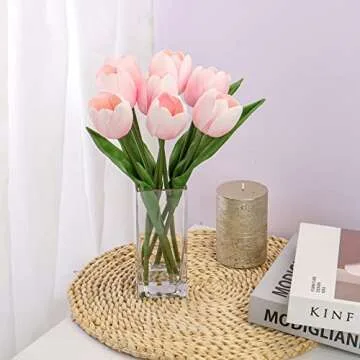 Briful Fake Flowers Artificial Tulip Flower Pink in Clear Vase, Real Touch Foam Tulip Arrangement Suitable for Home Office Decoration, Dining Table Centerpiece
