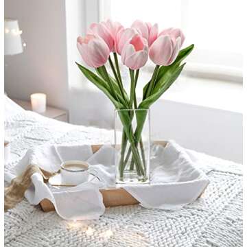 Briful Fake Flowers Artificial Tulip Flower Pink in Clear Vase, Real Touch Foam Tulip Arrangement Suitable for Home Office Decoration, Dining Table Centerpiece