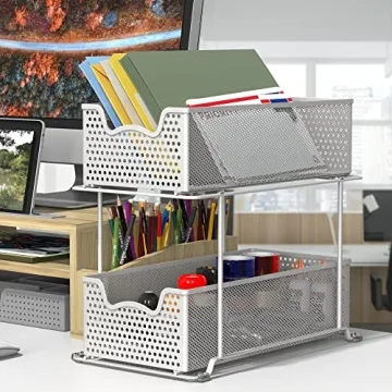 White 2-Tier Sliding Cabinet Basket Organizer Drawer